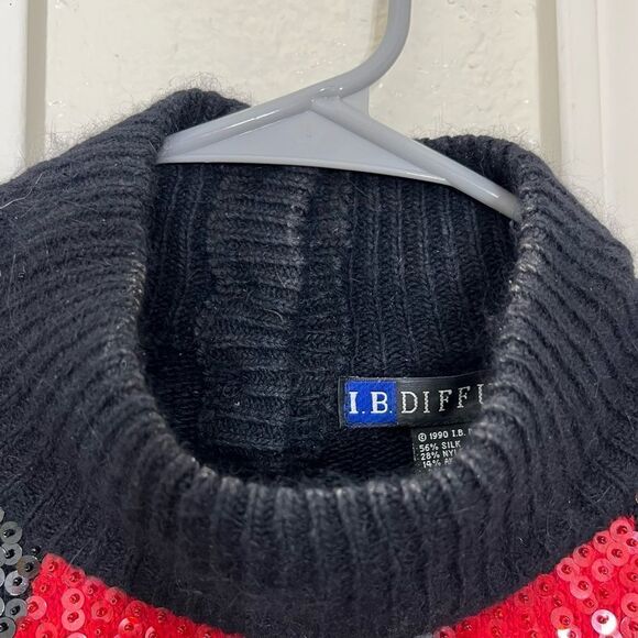 Vintage 90’s Sweater Black Red Argyle Sequin Wool Angora Silk Turtle Neck Size M - Picture 13 of 15